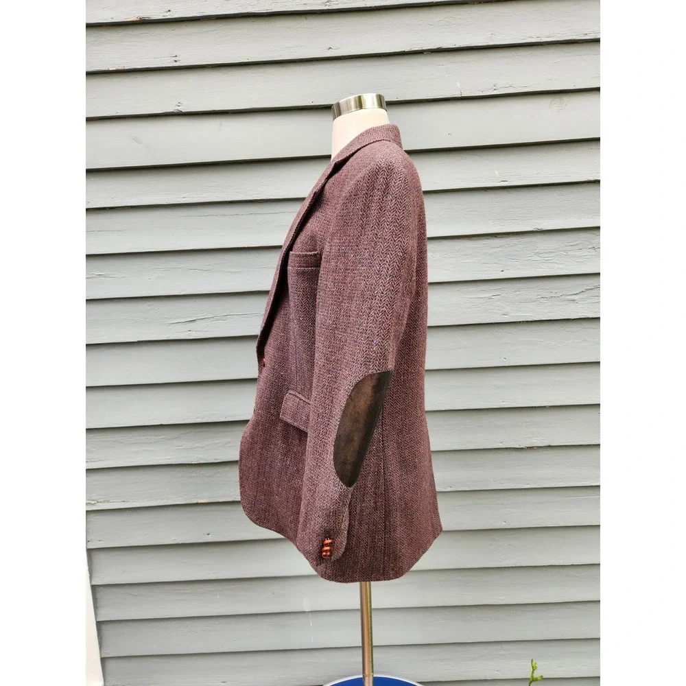 Vintage Foreman & Clark Blazer Purple‎ Brown Herringbone Tweed Elbow Patches Lg